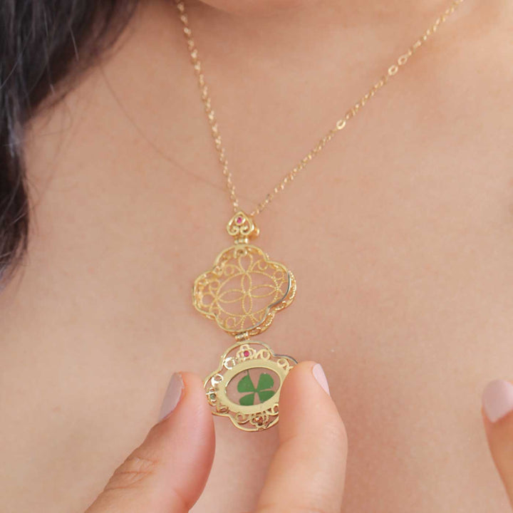 Handmade Preserved Four Clover Brass Necklace