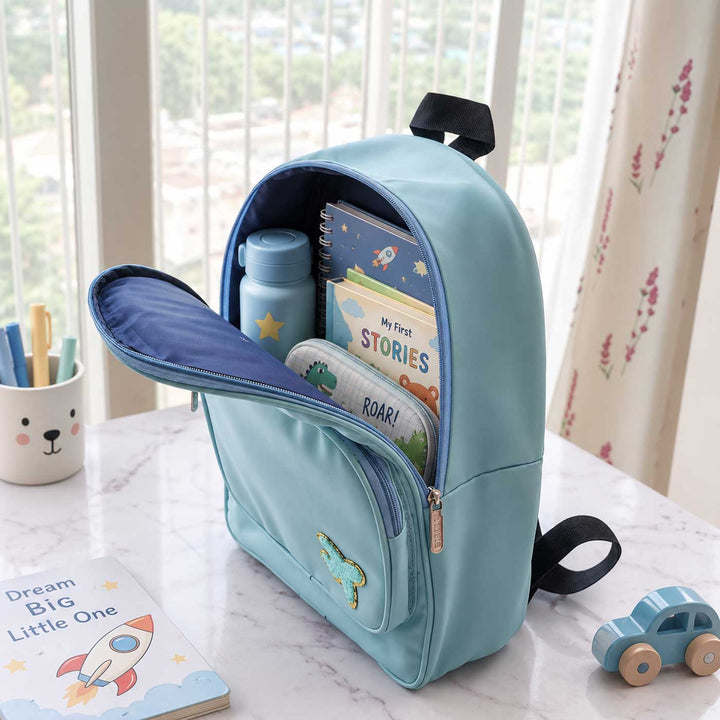 Personalized Blue Faux Leather Backpack With Initial & Charm For Kids