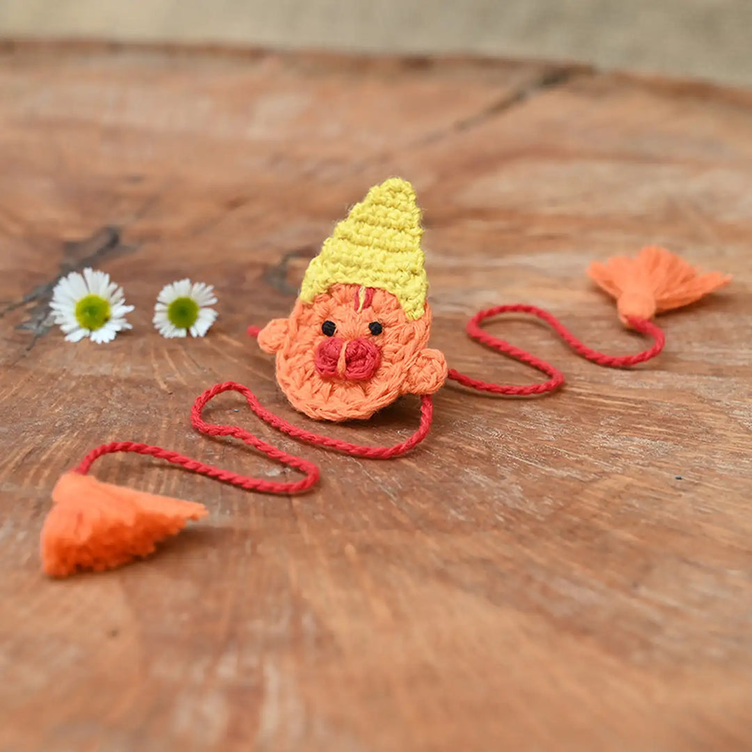 Handmade Crochet Hanuman Theme Kids Rakhi With Roli Chawal
