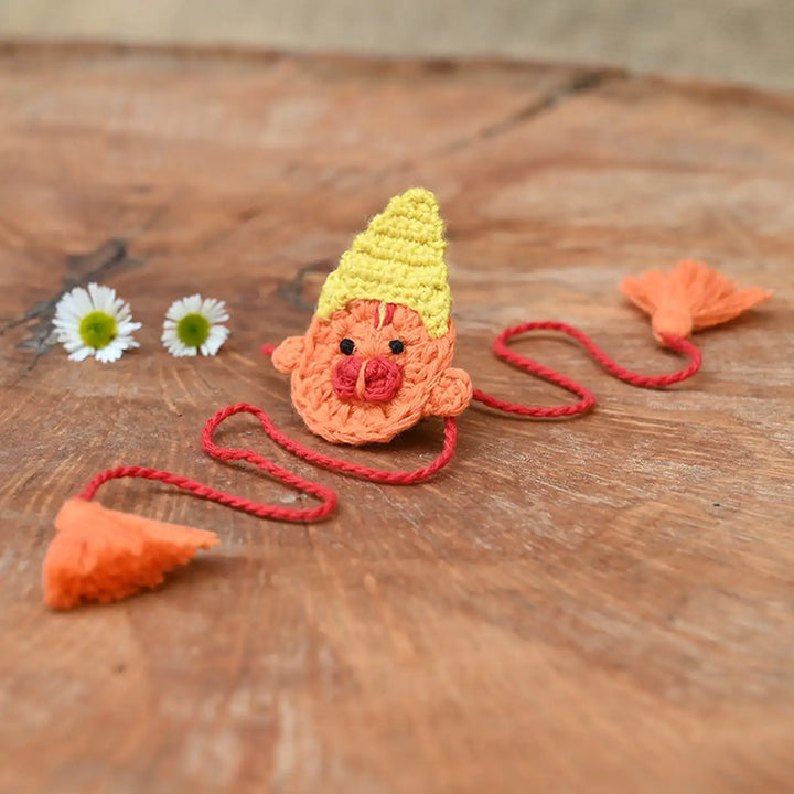 Handmade Crochet Hanuman Theme Kids Rakhi With Roli Chawal