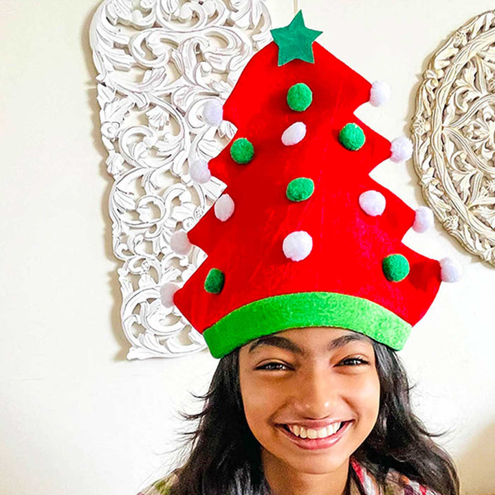Handmade Red Pompom Christmas Tree Shaped Velvet Santa Hat | Xmas Gifting Ideas