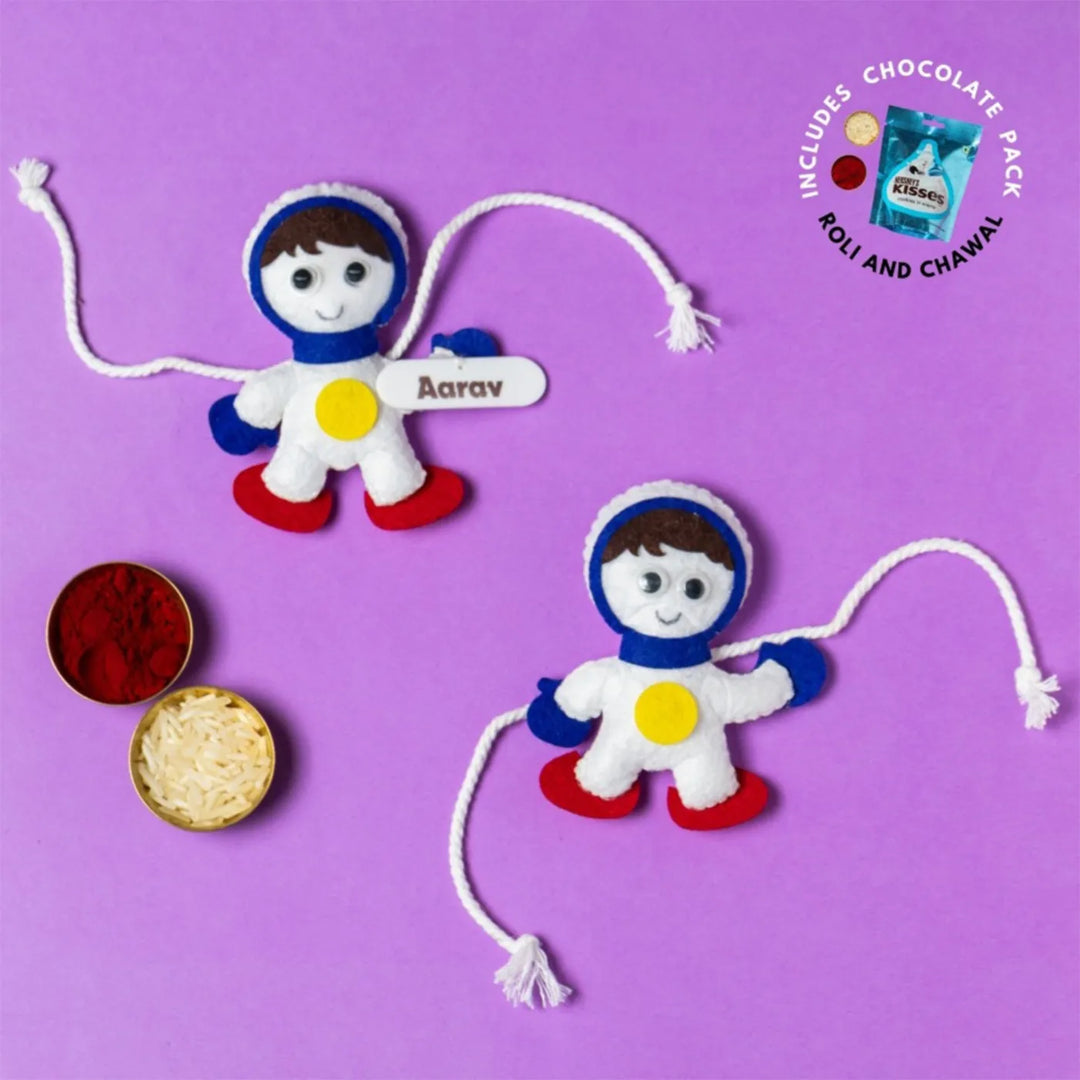 Personalized Handmade Astronaut Theme Felt Kids Rakhi With Chocolates & Roli Chawal