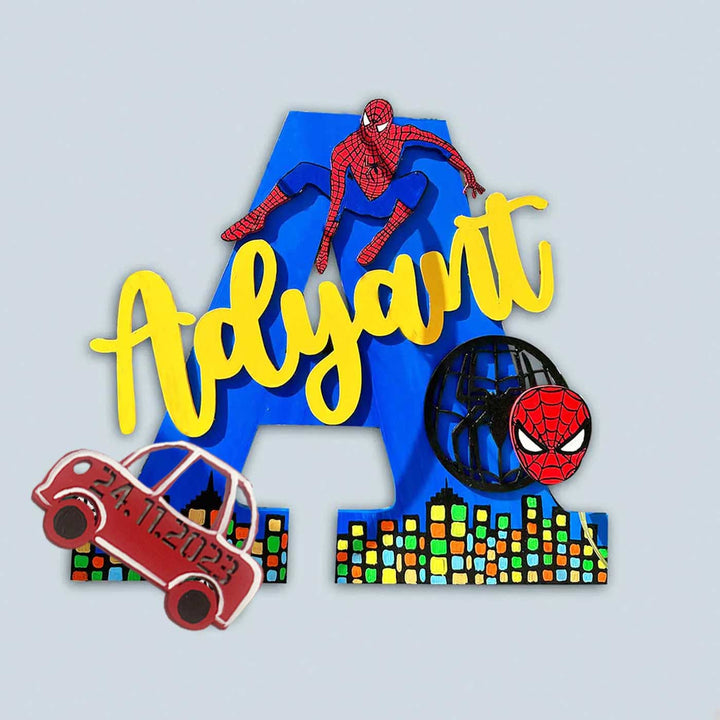 Hand Painted Personalised Kids Spiderman Themed Monogram Nameplate