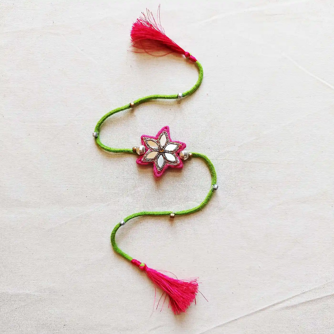 Handmade Mirror Work Flower Rakhi With Roli Chawal - Full Length View (6)