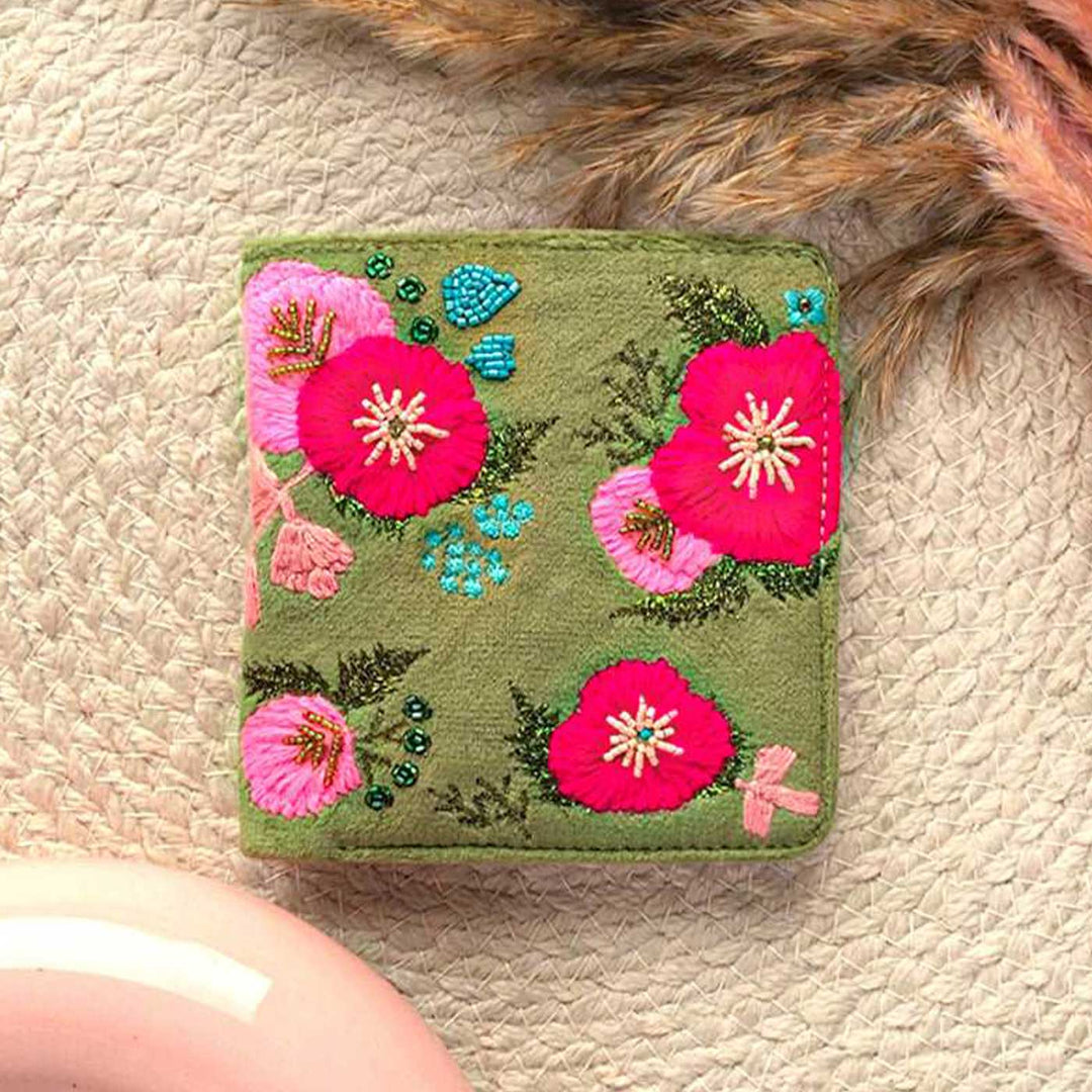 Handmade Embroidered Floral Green Design Velvet Wallet