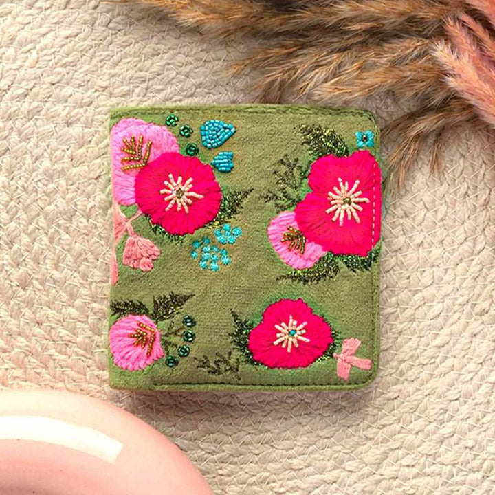 Handmade Embroidered Floral Green Design Velvet Wallet