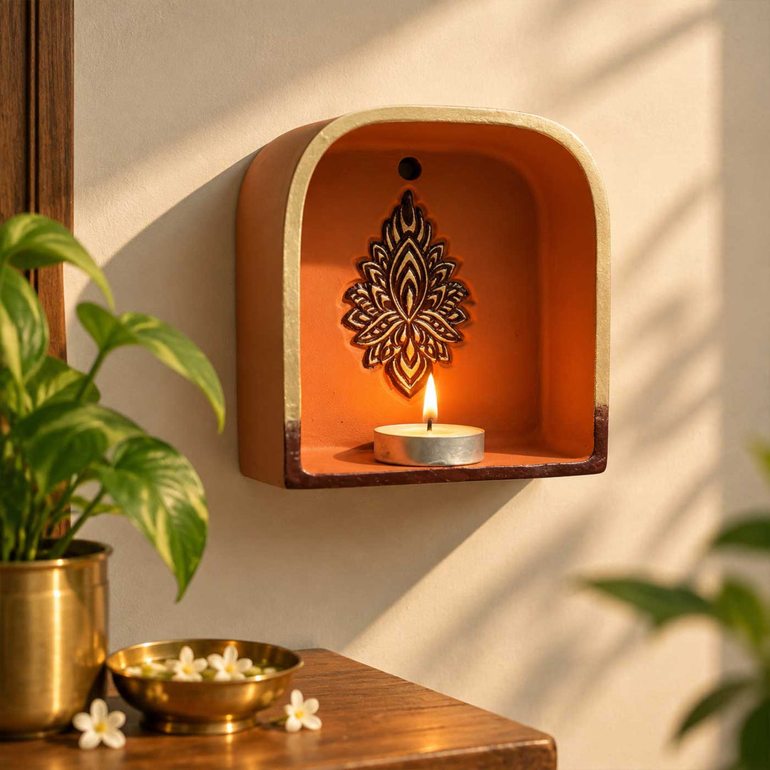 Hand-Painted "Lotus Ember" Arch Terracotta Wall Decor Tealight Holder With Lotus Motif For Festive Decor
