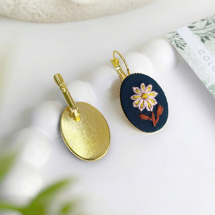 Hand Embroidered Twilight Bloom Golden Tone Earrings