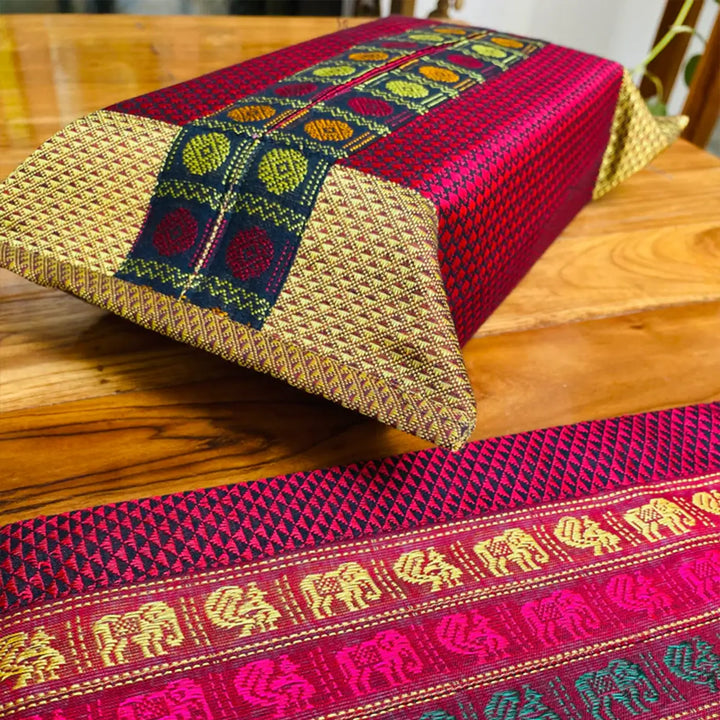 Handmade Red & Gold Rudraksha Design Khunn Fabric Cotton Tissue Box Cover