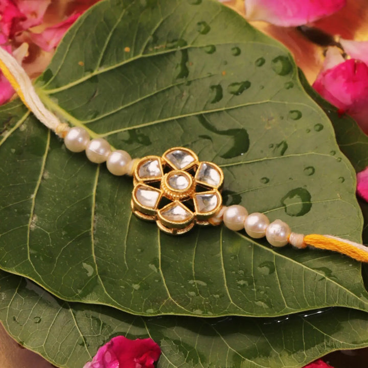 Handmade Kundan Flower Rakhi With Roli Chawal