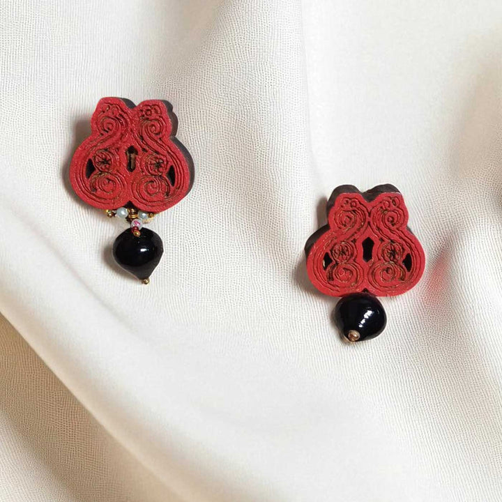 Handmade Red Beaded Wooden Earrings