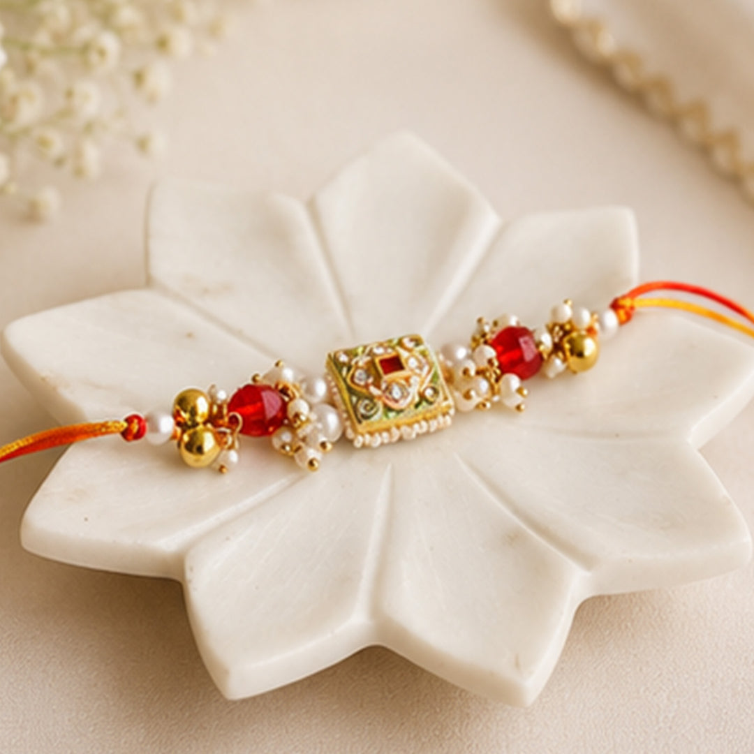 Hand-Knotted Green Meenakari Beaded Pearl Rakhi & Lumba Set For Bhaiya Bhabhi