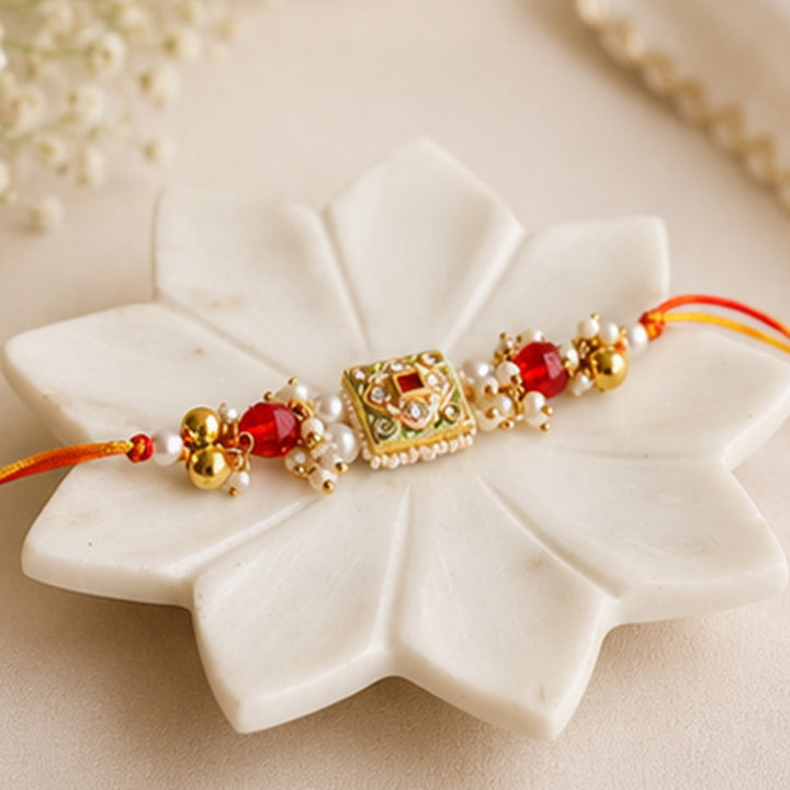 Hand-Knotted Green Meenakari Beaded Pearl Rakhi & Lumba Set For Bhaiya Bhabhi