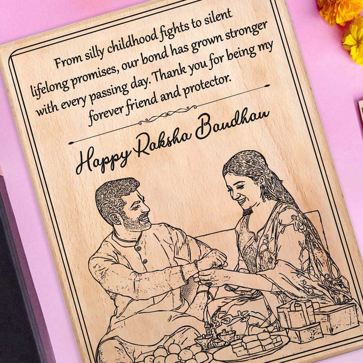Photo Personalized Engraved Raksha Bandhan Theme Square Wooden Decorative Plaque Rakhi Hamper Includes 1 Rakhi 1 Plaque 1 Chocolate 1 Card And 1 Rakhi Plate - Plaque Engraving Close-up