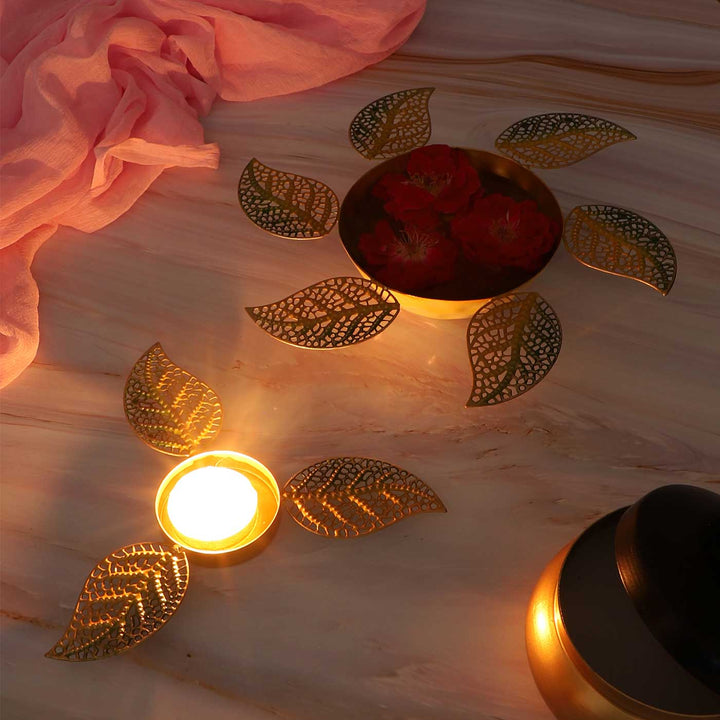 Set of 2 | Handmade Etched Peacock Small Urli With Floral Tealight Holder For Festive Decor