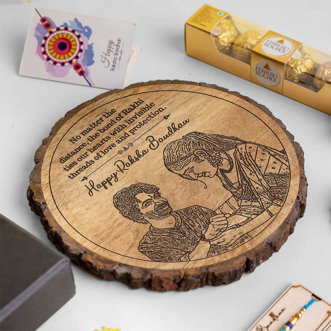 Photo Personalized Engraved Raksha Bandhan Theme Wooden Decorative Plaque Rakhi Hamper Includes 1 Rakhi 1 Plaque 1 Chocolate 1 Card And 1 Rakhi Plate - Angled View with Gift Items