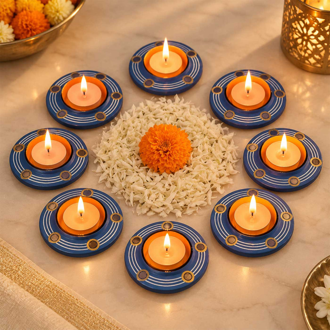 Set of 8 | "Blue Rhythm" Mirror Work Hand-Painted Terracotta Disc Diya Tealight Holders For Festive Decor