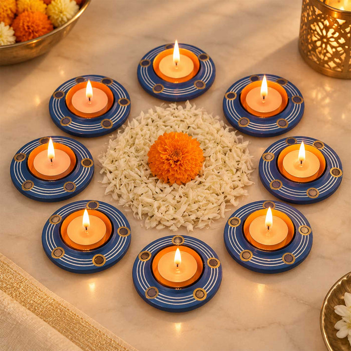 Set of 8 | "Blue Rhythm" Mirror Work Hand-Painted Terracotta Disc Diya Tealight Holders For Festive Decor