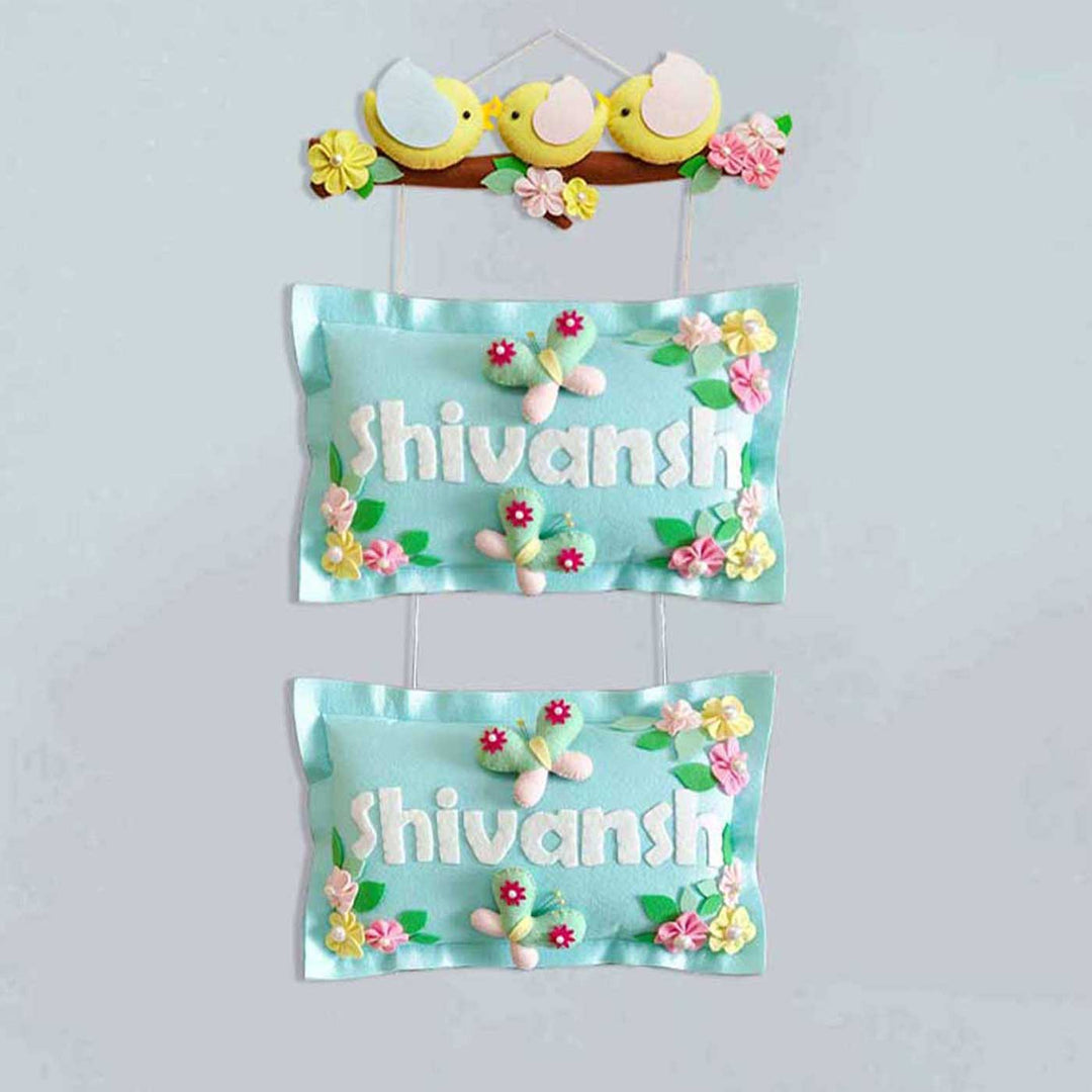 Hand Stitched Pillow Bird Themed Felt Kids Nameplate For Siblings - Hanging Name Personalization Example