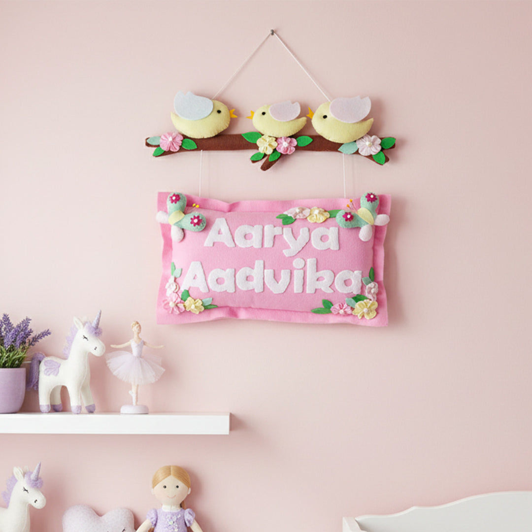 Hand-stitched Pillow & Bird Theme Felt Kids Nameplate