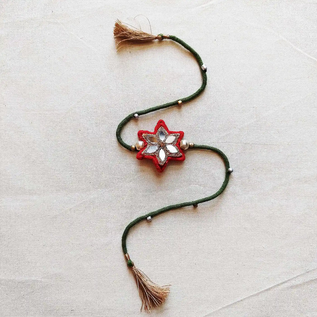 Handmade Mirror Work Flower Rakhi With Roli Chawal - Full Length View