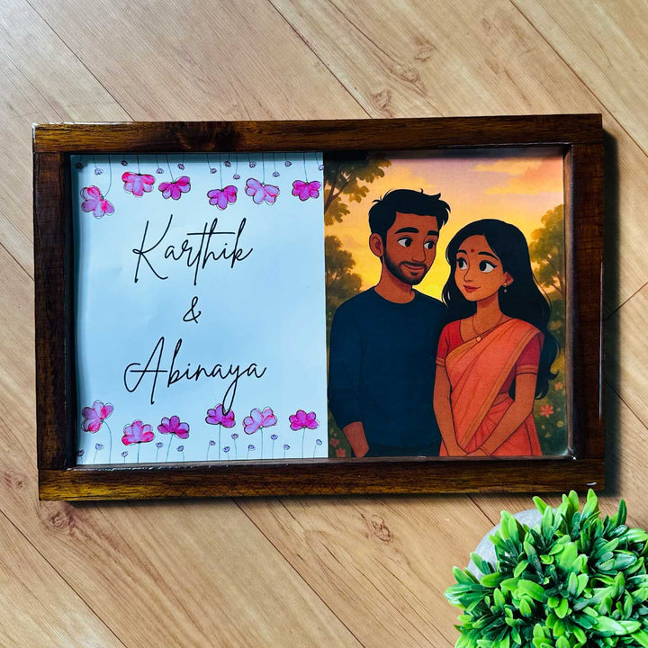 Couple With Floral Caricature Photo Personalized Resin Wooden Frame Name Plate