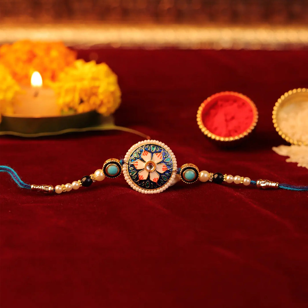 Handmade Inlay Lotus Meenakari Rakhi With Roli Chawal