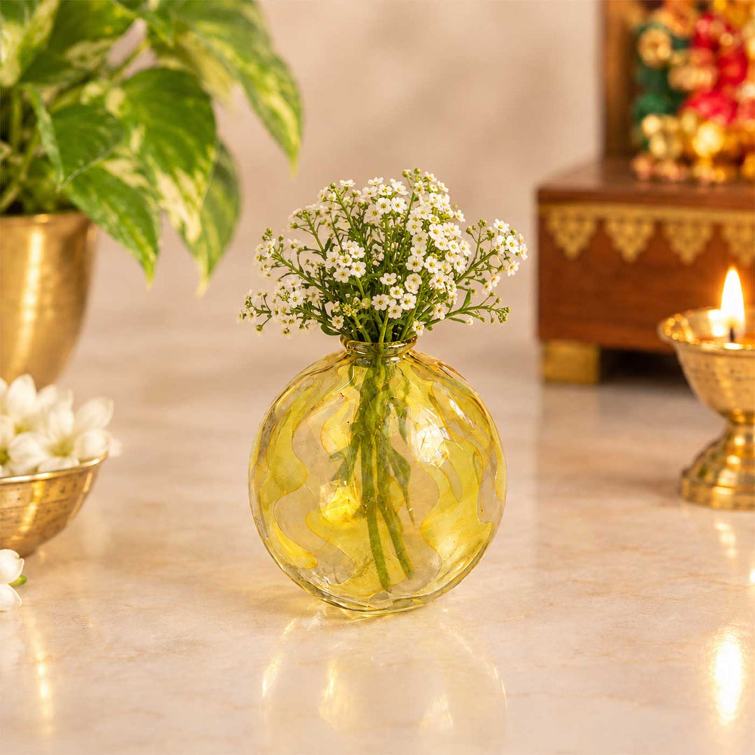 Handmade Lemon Yellow Marble Small Glass Art Vase For Home Decor