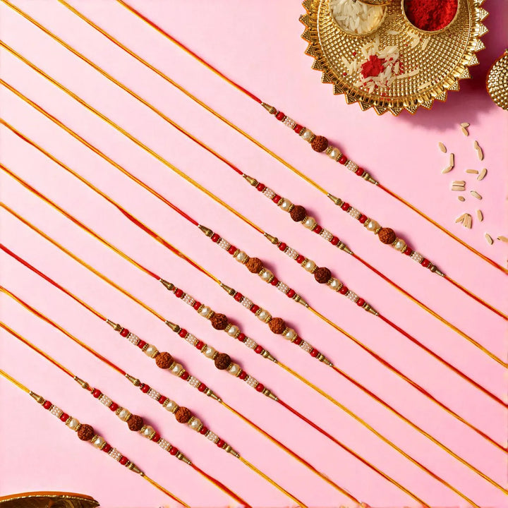 Handmade Rudraksha Dori Rakhi With Roli Chawal | Set Of 12