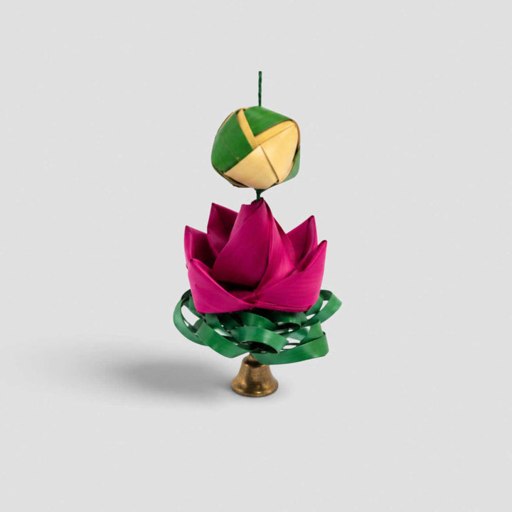 4 Pc | Handcrafted Palm Leaf Lotus Hanging With Flower Base & Bells