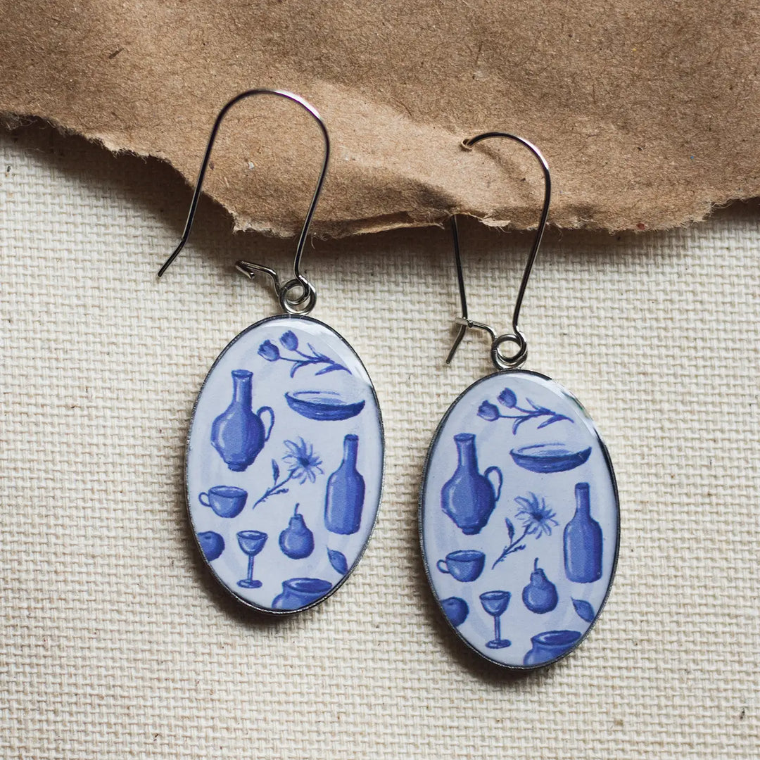 Illustrated White Ceramic Objects Inspired Resin & Stainless Steel Earrings