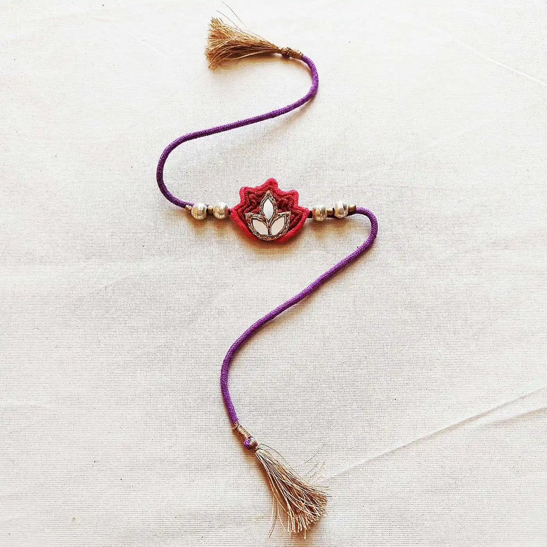Handmade Mirror Work Lotus Rakhi With Roli Chawal - Full Length with Tassel Detail (6)