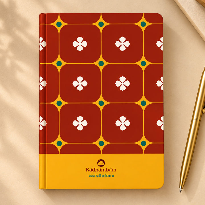 Red Aathangudi Tiles Pattern A5 Journal With Kanchipuram Weaves Heritage Cover For Festive Gifting
