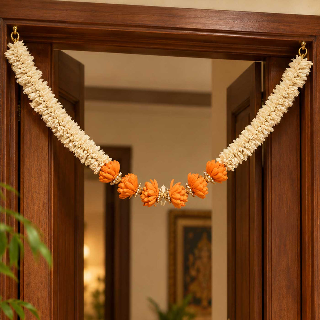 Handmade Marigold Champai Orange & Ivory Sola Wood Flower Toran with Pearl Beads
