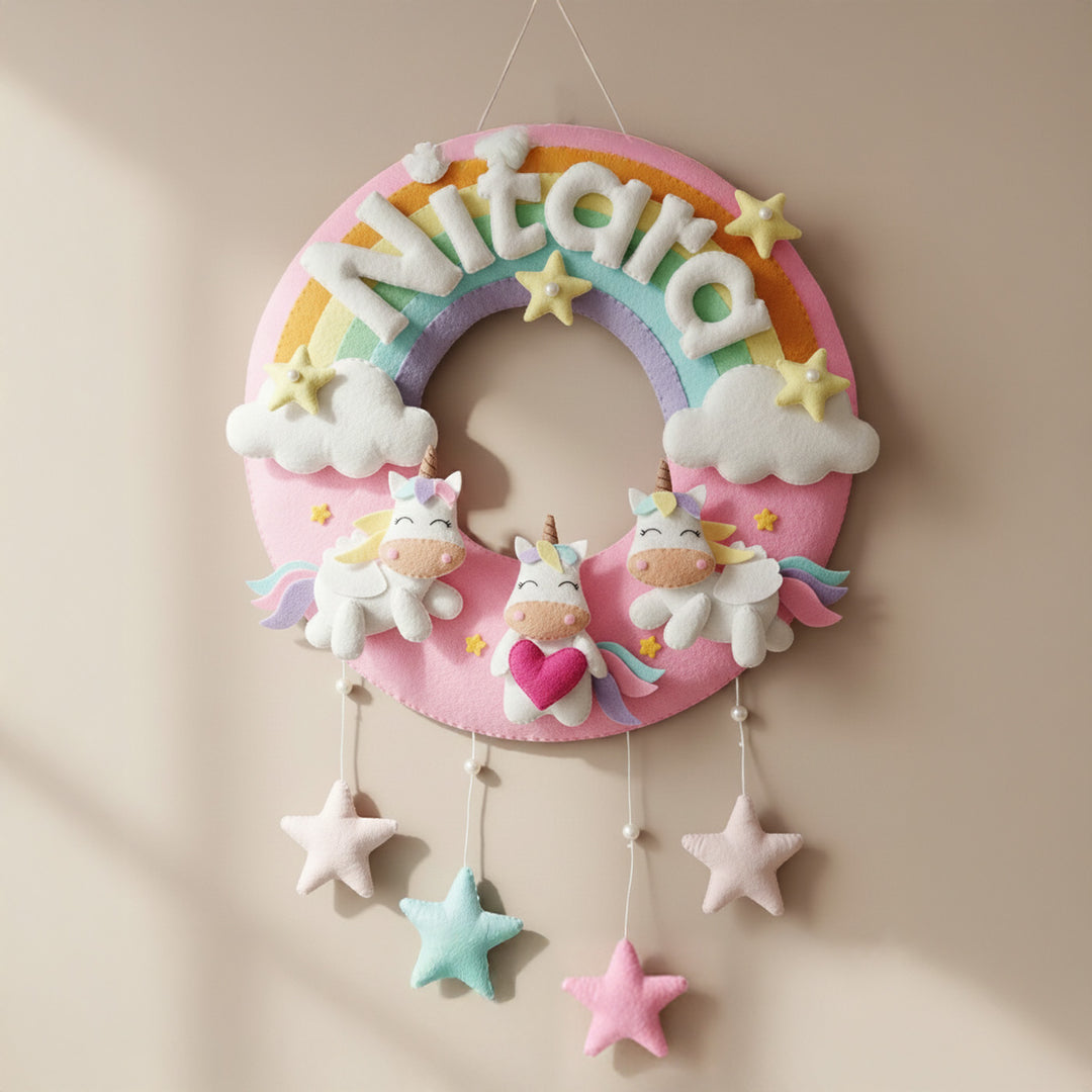 Hand-stitched Pastel Rainbow & Unicorn Themed Round Felt Kids Name Plate for Child