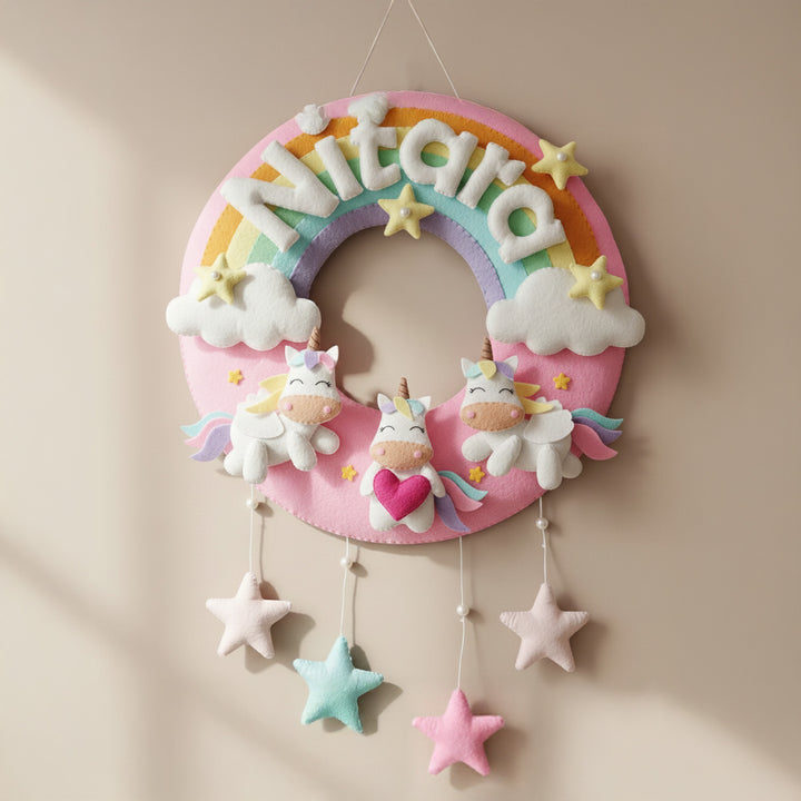 Hand-stitched Pastel Rainbow & Unicorn Themed Round Felt Kids Name Plate for Child