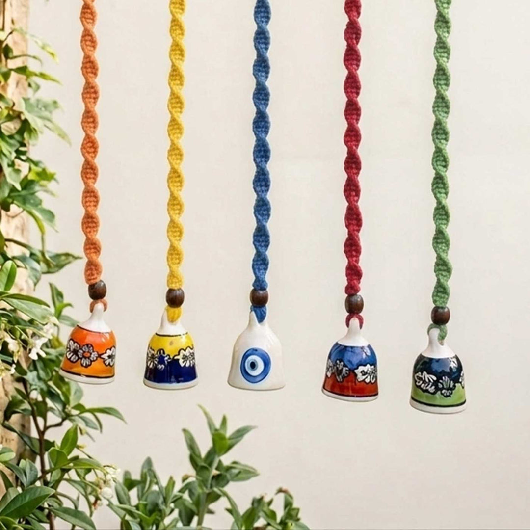 5 Pc | Macrame Handpainted Ceramic Bells Hanging With 5 Assorted Ceramic Hooks