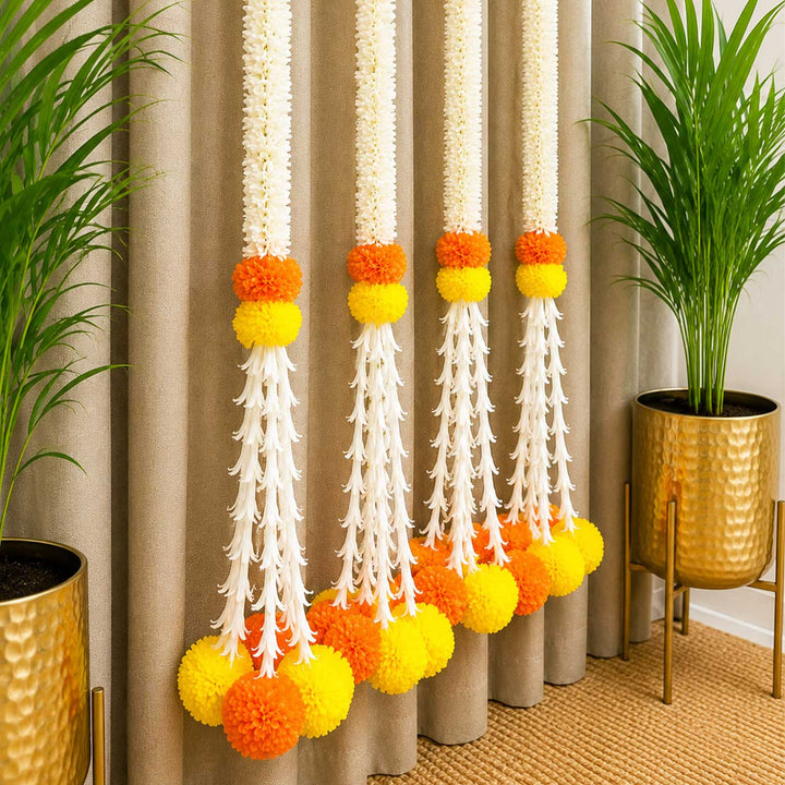 Handcrafted Artificial Jasmine & Marigold Yellow And Orange Flower Hangings For Festive Decor