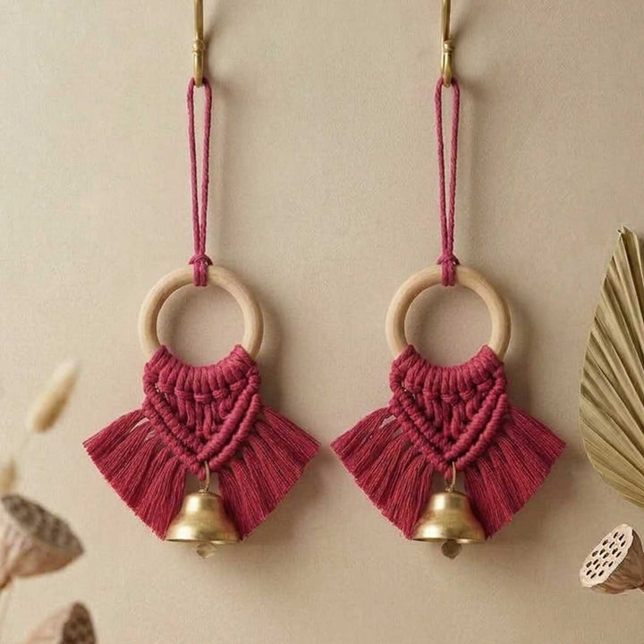 2 Pc | Macrame Handwoven Metal Bell Hanging With Wooden Ring & Beads