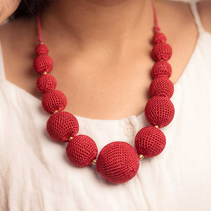 Handmade Crochet Red Gulnaar Passion Bead Necklace