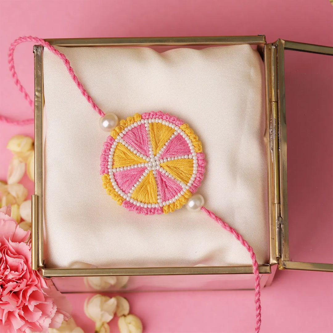 Handmade Embroidered Pink & Yellow Rakhi With Roli Chawal