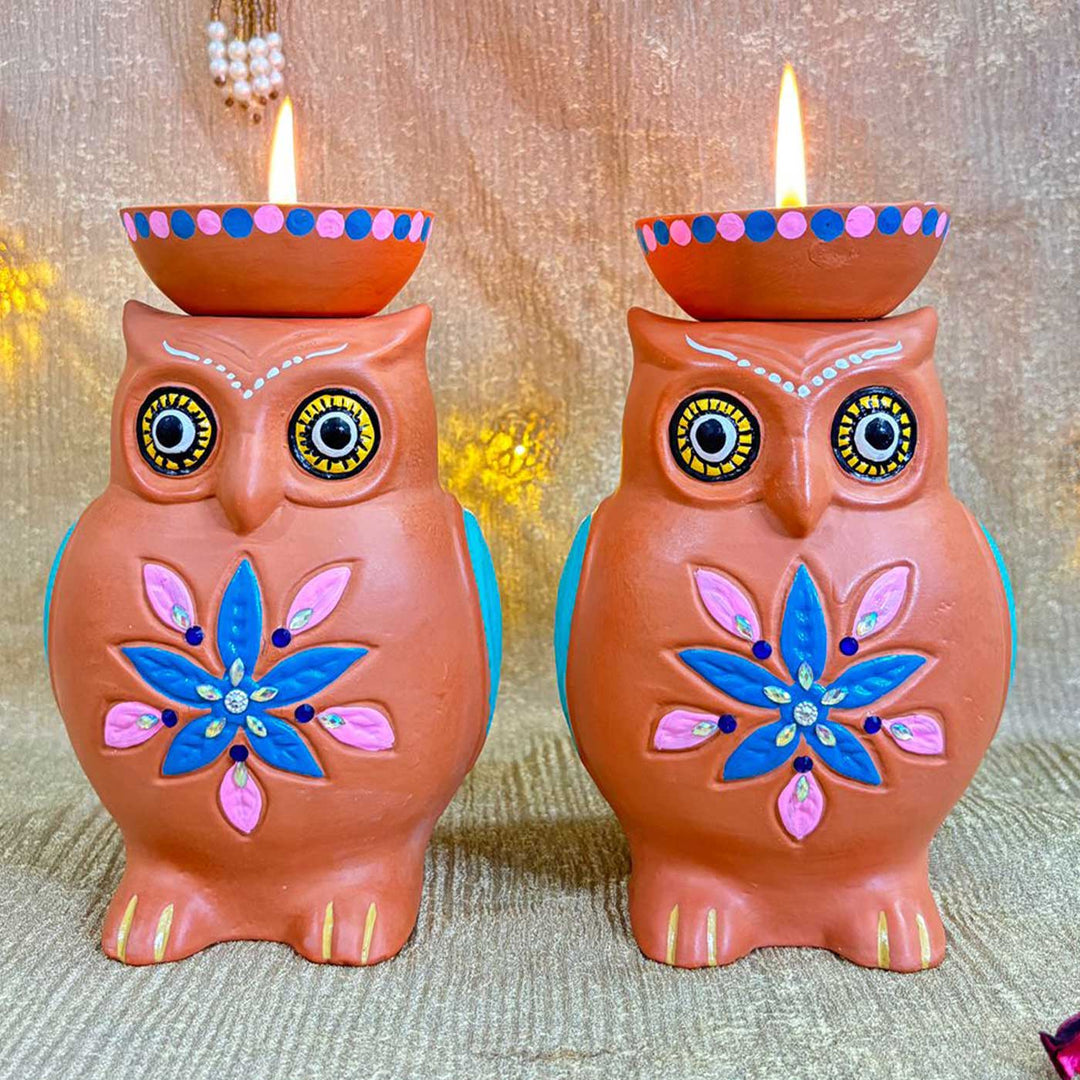 Hand-Painted Owl Design Terracotta Tealight Holder | Set Of 2