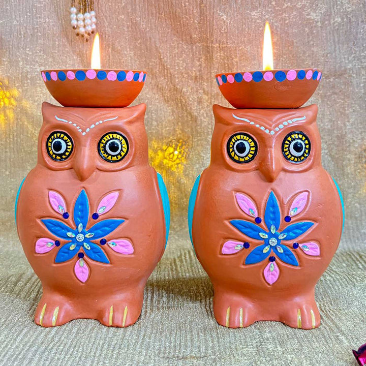 Hand-Painted Owl Design Terracotta Tealight Holder | Set Of 2