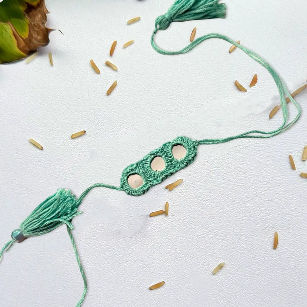 Handmade Crochet Mirror Work Rakhi With Roli Chawal