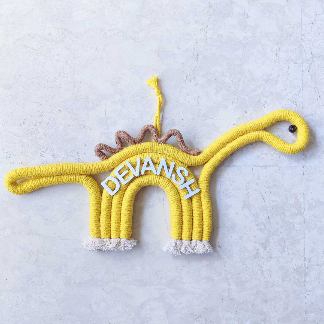 Personalized Handmade Macrame Dinosaur Kids Name Plate With 3D Letters - Hanging Display with Name Personalization
