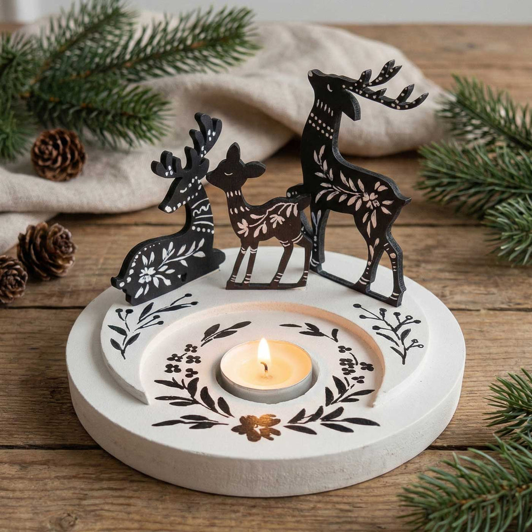 Handpainted Nordic Deer MDF Tealight Holder