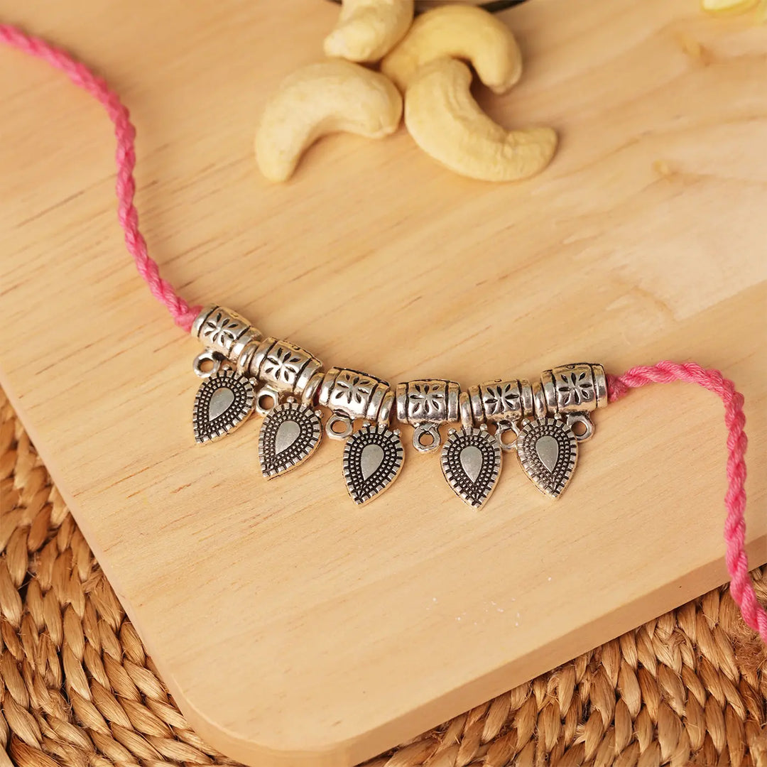 Handmade Silver Leaf Charm Rakhi With Roli Chawal