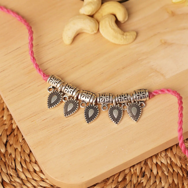 Handmade Silver Leaf Charm Rakhi With Roli Chawal