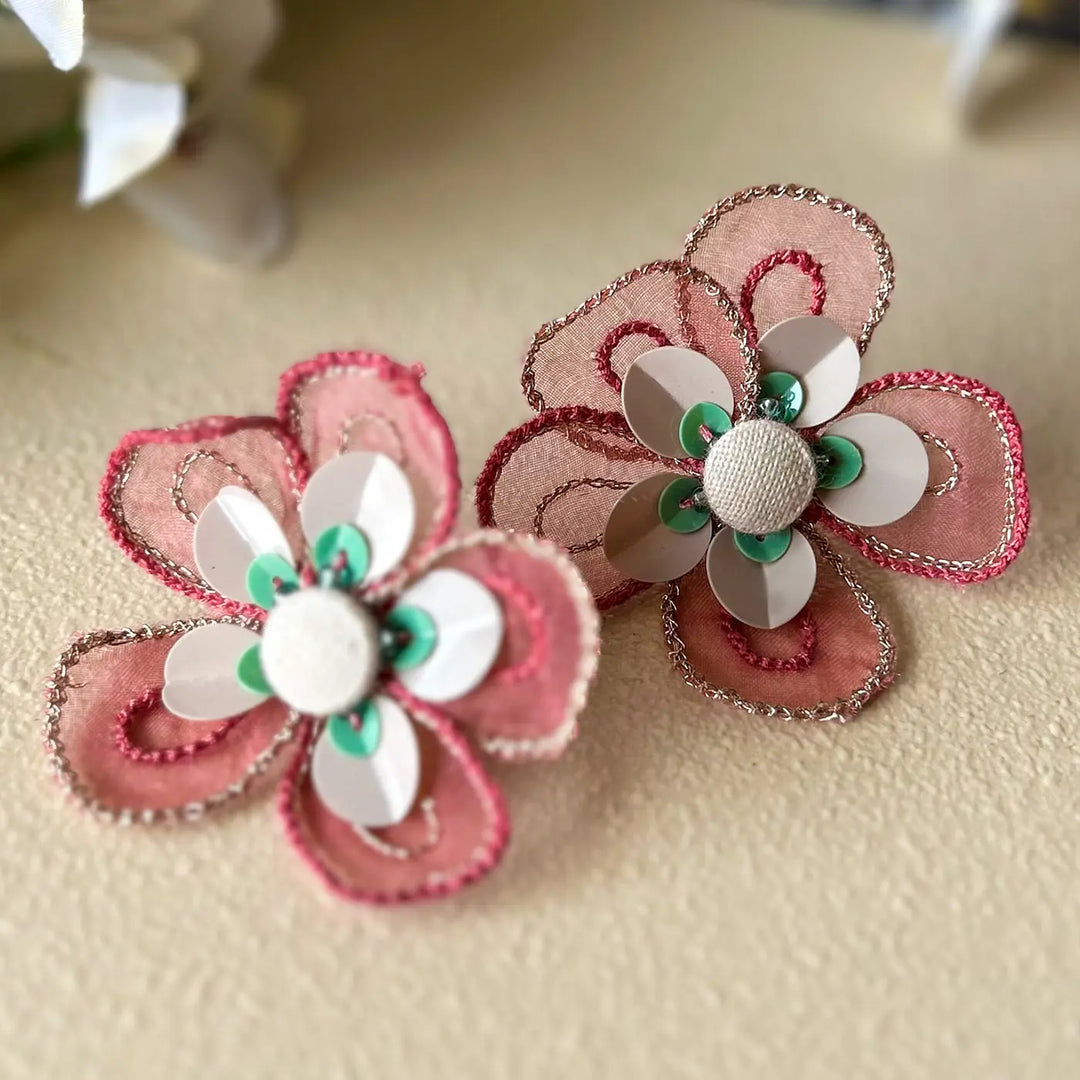 Hand Embroidered Pink Petal Flower Shaped Cotton Earrings
