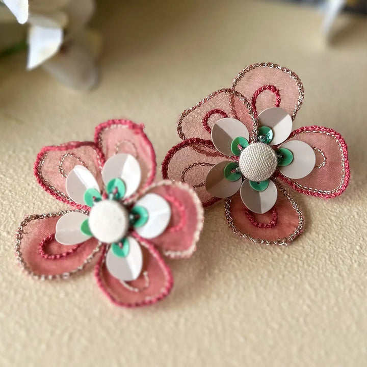 Hand Embroidered Pink Petal Flower Shaped Cotton Earrings